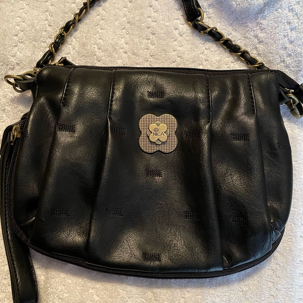 Vintage Nica black vegan shoulder bag with detachable strap plus a side handle.